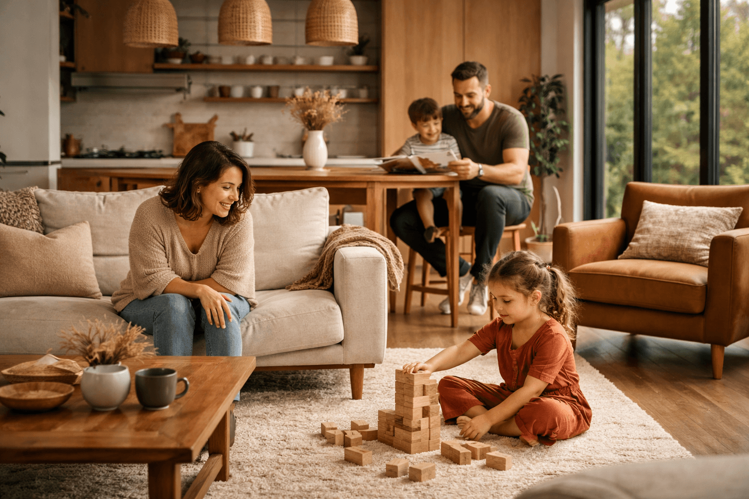 Gezin geniet van hun gerenoveerde woonkamer Gezin geniet samen in een lichte, gerenoveerde woonkamer